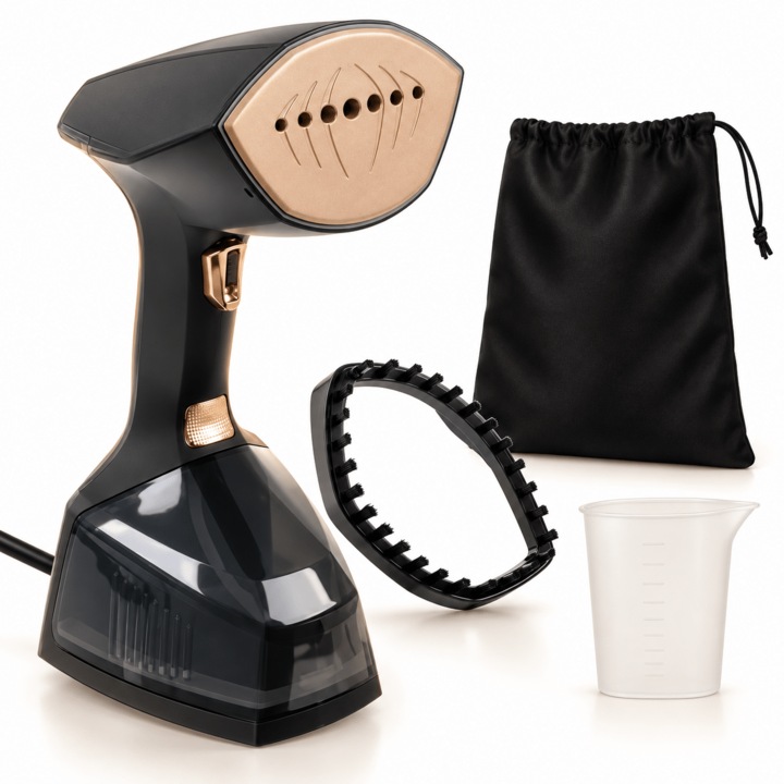 Aparat de Calcat Vertical cu Abur TnsAround, 2000 W, Rezervor Detasabil 360 ml, 3 Trepte, Incalzire 30 Secunde, Oprire Automata, Accesorii Incluse, Negru/Auriu