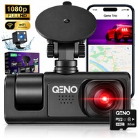 Camera Auto DVR Tripla Qeno® TRIO, Cu Card 32GB inclus, Camera de bord cu 3 Camere si aplicatie telefon, Full HD 1080P, Dashcam Auto, Night Vision, Inregistrare In Bucla, G-Sensor, Monitorizare Parcare, Ecran IPS 2”, Unghi 170°, Camera Marsarier, Negru