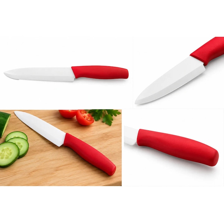 Cutit ceramic de bucatarie 20 cm, lama 11 cm, maner ergonomic rosu