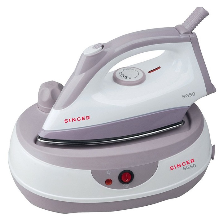 Fier de calcat cu aburi Singer SG50, 2000 W, abur continuu 80 g/min, rezervor 650 ml, presiune 3,5 bar, talpa din otel inoxidabil, alb/roz