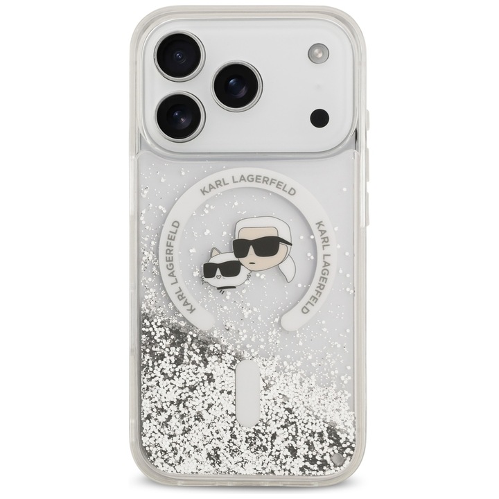 Husa Karl Lagerfeld Liquid Glitter Karl and Choupette Heads cu MagSafe compatibila cu iPhone 18 Pro Max / 17 Pro Max, Transparent
