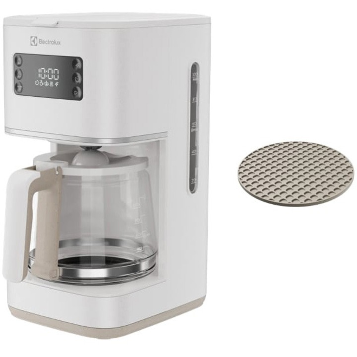 Cafetiera Electrolux Nordic Timeless Collection E6CM1-6SW, 1000 W, 1,4l, selector aroma, functie Ice Coffee, suport filtru detasabil, Timer 24h, functie de mentinere cald 40 min, Indicator lateral nivel apa 2-10 cesti, alb scoica