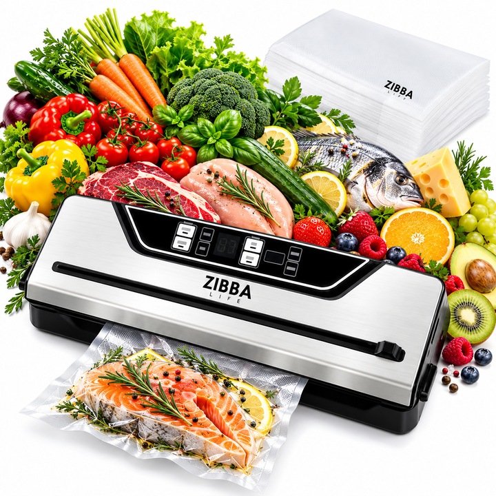 Aparat de Vidat și Sigilat Alimente ZIBBA Life™ Profesional, 120W, 70 kPa, Bara de Lipire 31 cm, Cutter Integrat, 10 Pungi Incluse, Vidare Umeda, Vidare Uscata