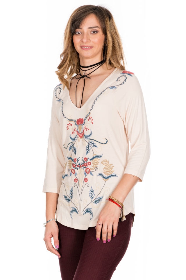 Bluza crem cu broderie albastra, Cara, marime S-M
