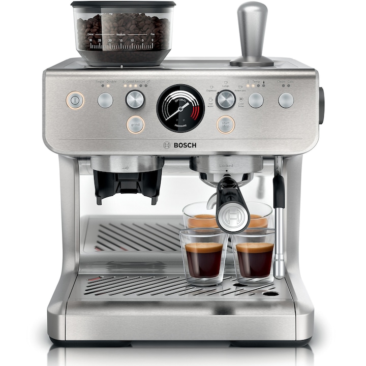 Espressor semi-automat Bosch PFE401B3, 15 bari, Rasnita si sistem de spumare integrata, Functie preinfuzare, 4 trepte de temperatura preparare, 4 filtre pentru portafiltru profesional 58 mm, 30 trepte macinare, 5 bauturi presetate, Inox