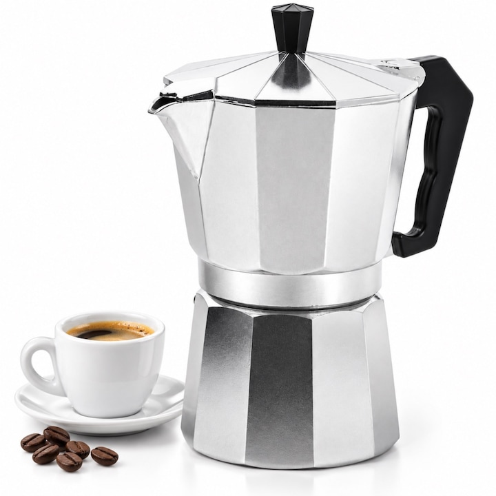Cafetiera aluminiu VarioShop®, 6 cesti, 300 ml, pentru aragaz pe gaz si plita electrica, maner ergonomic, 19 cm, argintiu