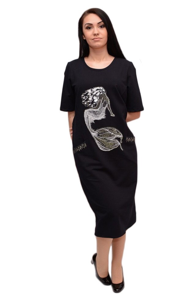 Rochie de tineret cu maneca scurta, cu imprimeu , D&J Exclusive, Albastru marin