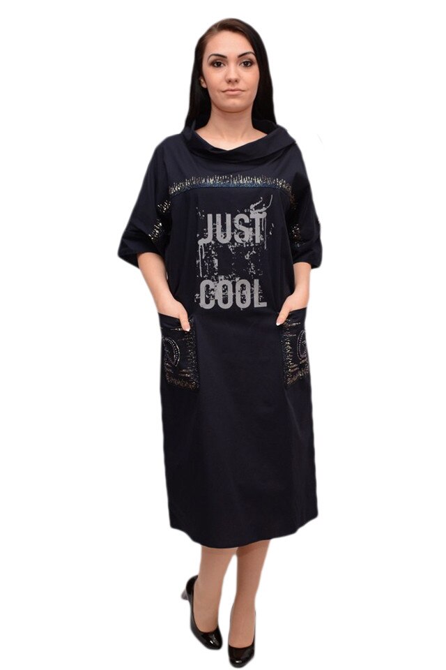 Rochie lejera cu buzunare mari si decolteu mic, D&J Exclusive, Albastru marin