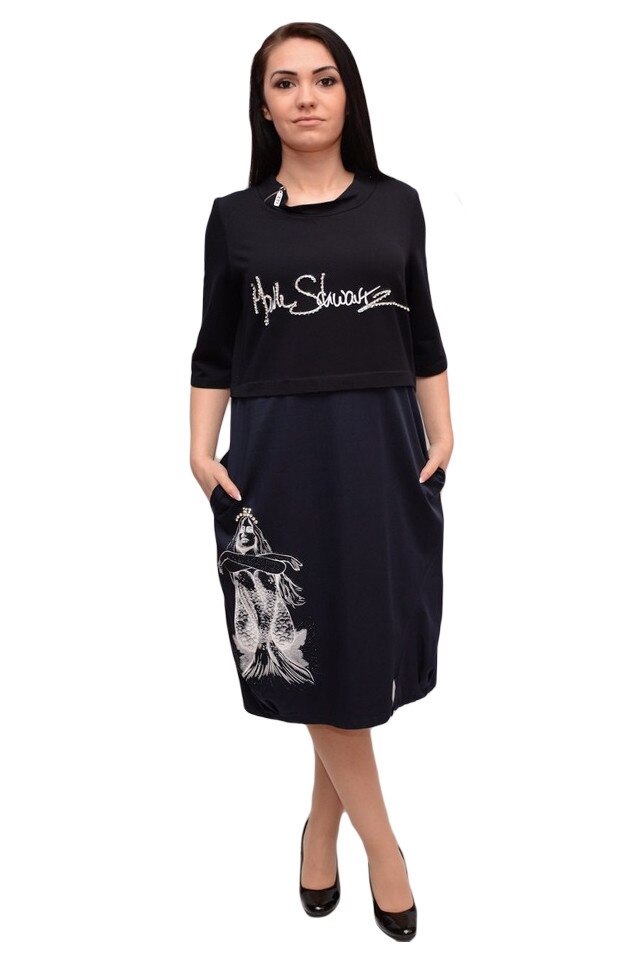 Rochie rafinata cu maneca trei-sferturi, cu imprimeu, D&J Exclusive, Bleumarin, Albastru marin