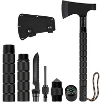 Topor multifunctional NEXTLY pentru camping si supravietuire, modular, cu cutit, fierastrau, busola, fluier, spargator de geam, husa lama, 43 cm, negru