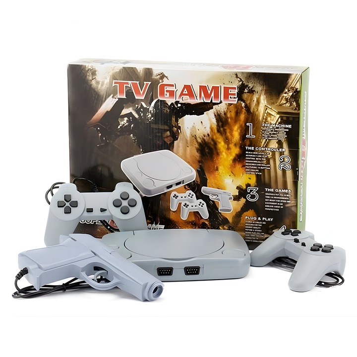 Consola de jocuri TV NEXTLY, 2 controllere cu fir si un pistol incluse, sistem Plug & Play, conectare RCA, alb/gri