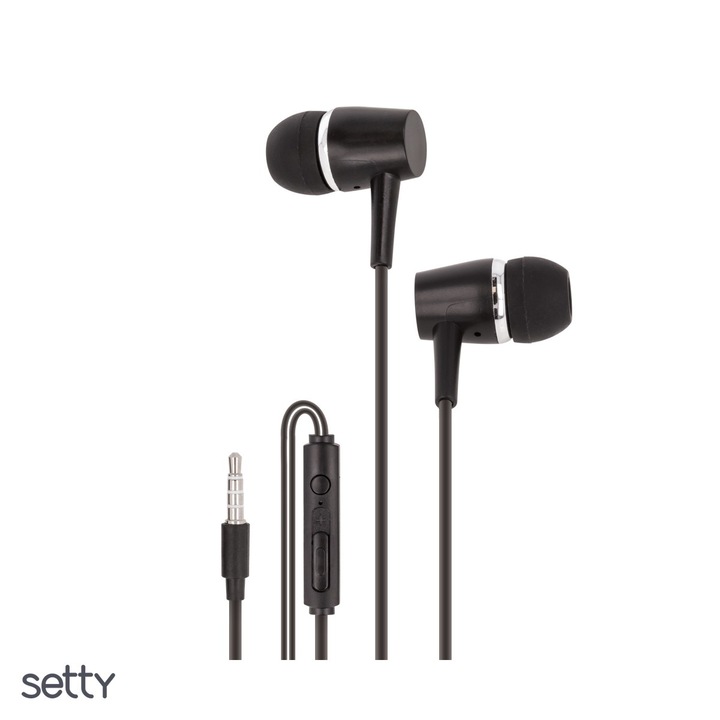 Casti Setty cu fir, jack 3.5mm, cablu 1.2m, cu microfon, Negru
