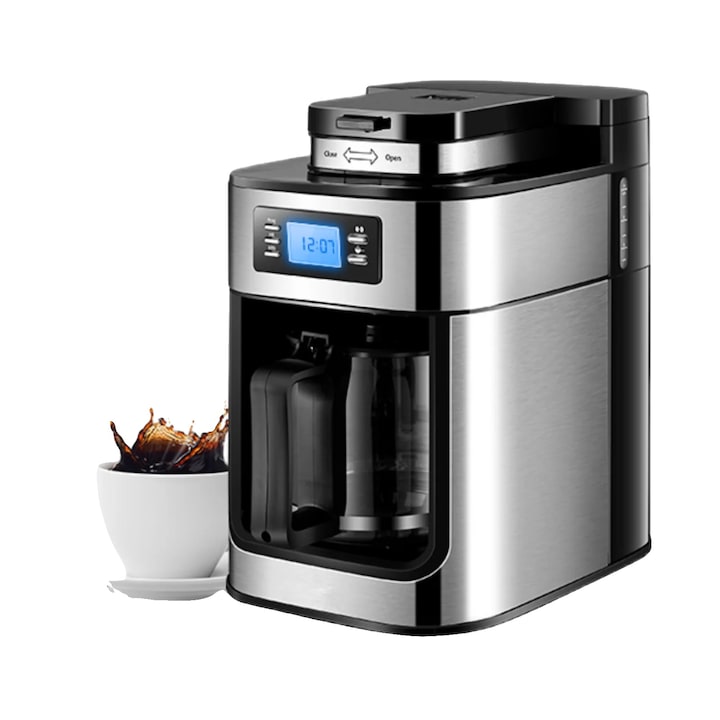 Cafetiera cu rasnita integrata 8785371877384, timer programabil cu afisaj LCD, control temperatura pana la 92°C, functie drip stop, otel inoxidabil, negru/inox, 1000 ml, varianta EU