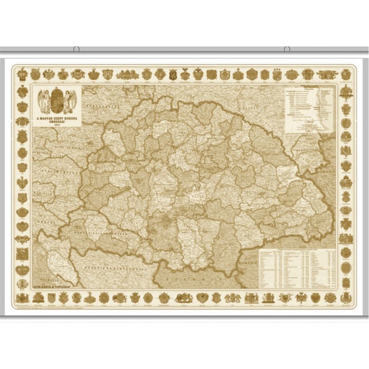A Magyar Szent Korona országai - 1914 antik falitérkép műanyag léccel (95 cm x 70 cm)