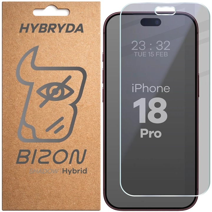 Folie sticla hibird Bizon Hybrid Shadow Privacy compatibila cu iPhone 18 Pro, Negru