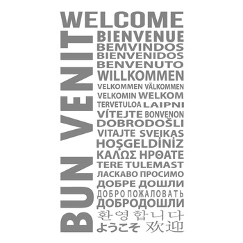 Sticker decorativ BUN VENIT in mai multe limbi, Gri, 100x175 cm Sticker decorativ BUN VENIT in mai multe limbi, Gri, 100x175 cm