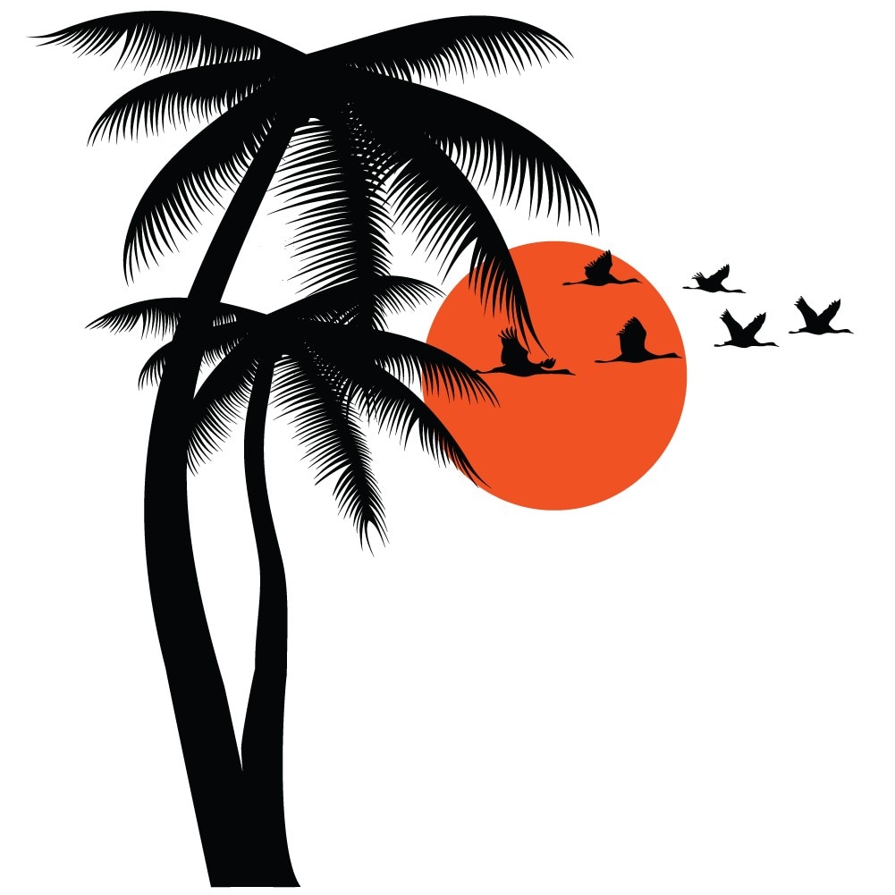 Sticker decorativ Palmieri, pasari, soare - peisaj tropical, Negru cu Portocaliu, 95x100 cm