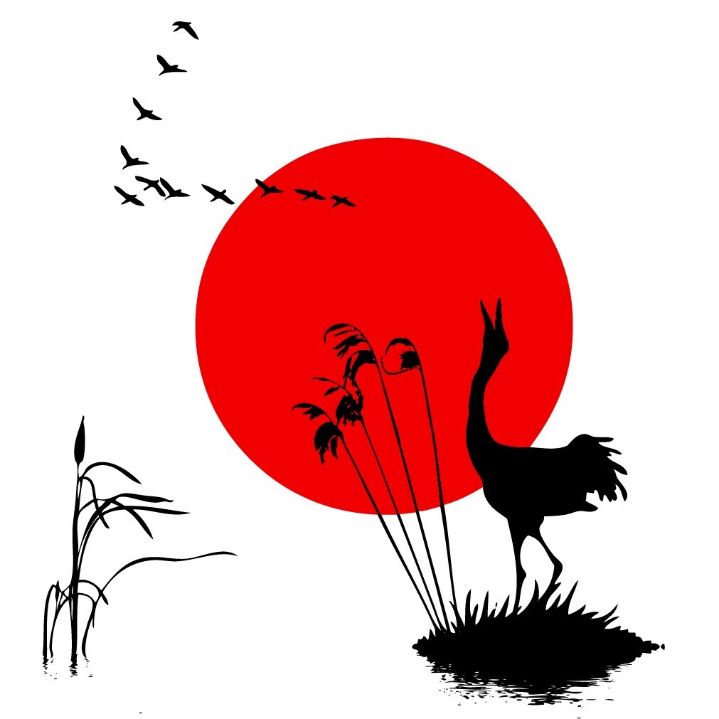 Peisaj din natura - papura trestie pasari soare, Negru cu Rosu deschis, 100x110 cm