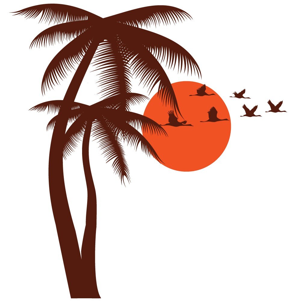 Sticker decorativ Palmieri, pasari, soare - peisaj tropical, Maro cu Portocaliu, 175x186 cm