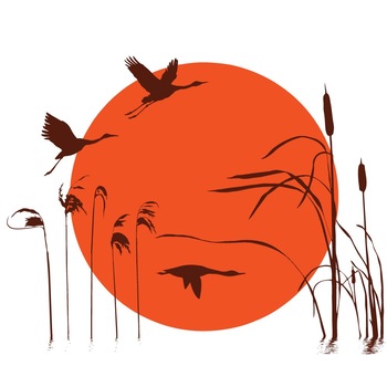 Sticker decorativ Apus pe balta - papura trestie pasari soare, Maro cu Portocaliu, 100x79 cm Sticker decorativ Apus pe balta - papura trestie pasari soare, Maro cu Portocaliu, 100x79 cm