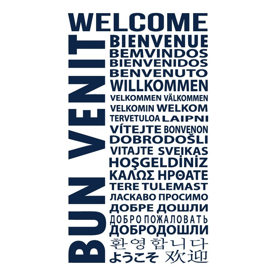 Sticker decorativ BUN VENIT in mai multe limbi, Albastru inchis, 100x175 cm