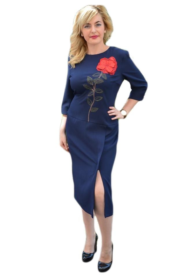 Rochie cu maneci trei-sferturi prevazuta cu broderie, D&J Exclusive, Albastru marin