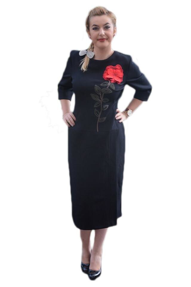 Rochie cu maneci trei-sferturi prevazuta cu broderie, D&J Exclusive, Negru