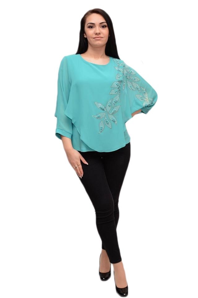 Bluza fashion cu margele si strasuri fine, D&J Exclusive, Turcoaz, 52 EU