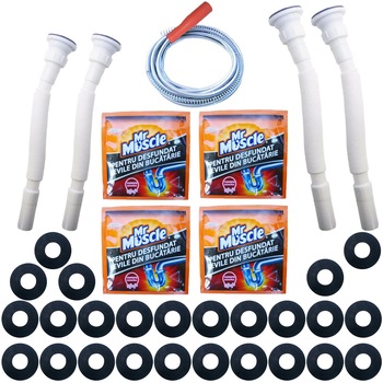 Pachet - 25 x Garnitura Laguna pentru vas wc + 4 x Granule MrMuscle pentru desfundat tevile, 50g + 4 x Sifon flexibil pentru scurgere chiuveta baie (2x32mm, 2x40mm) + Sarpe pentru desfundat 3M Pachet - 25 x Garnitura Laguna pentru vas wc + 4 x Granule MrMuscle pentru desfundat tevile, 50g + 4 x Sifon flexibil pentru scurgere chiuveta baie (2x32mm, 2x40mm) + Sarpe pentru desfundat 3M