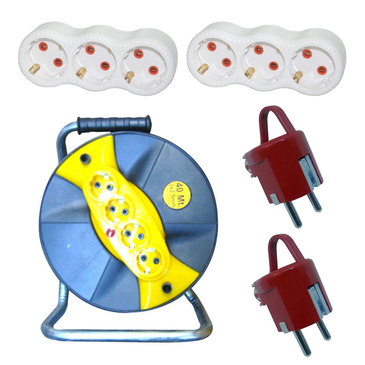 Pachet - Prelungitor/Derulator cablu cu 4 prize, 40M + 2 x Gelux triplu stecher + 2 x Schuko stecher ceramic cu inel