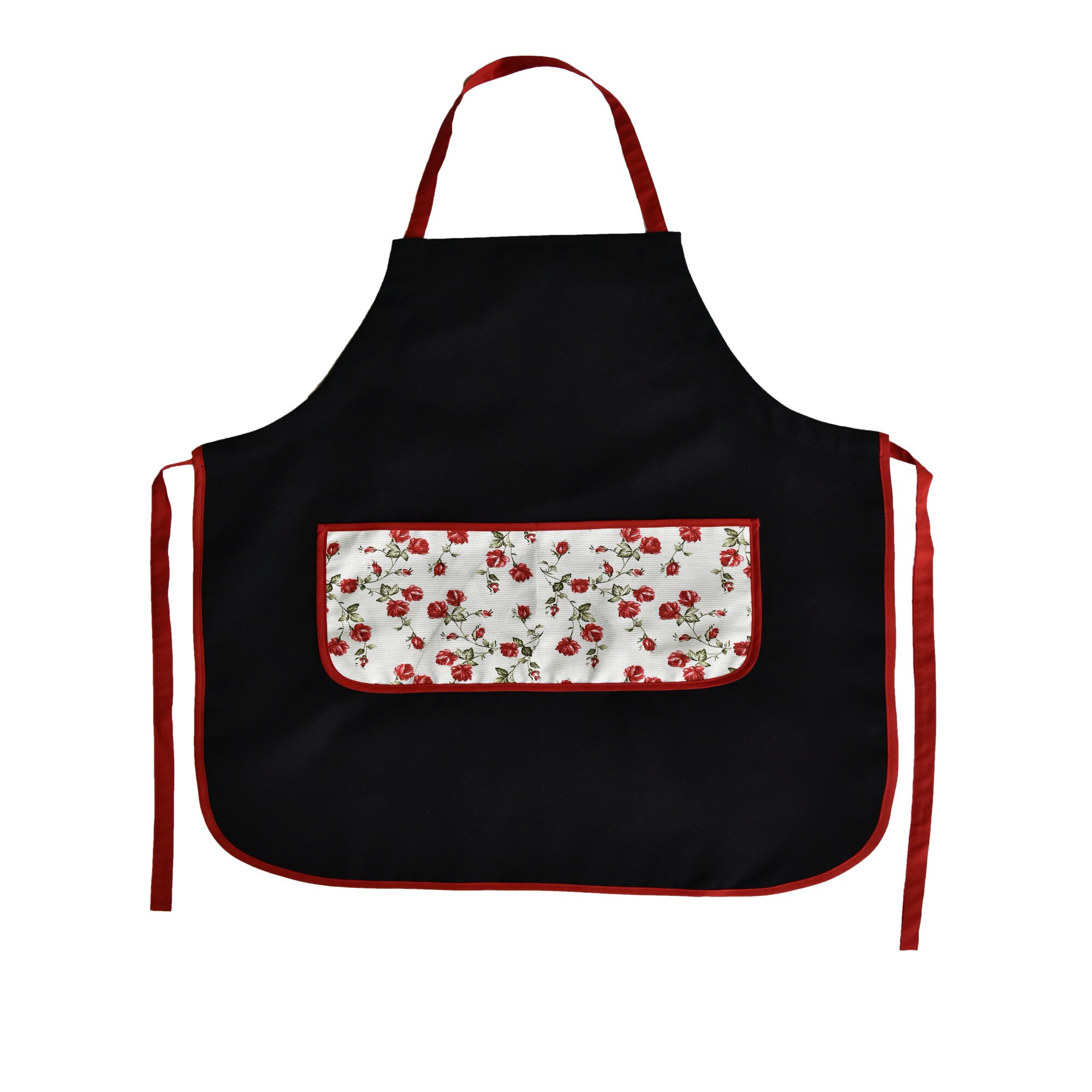 Sort handmade reglabil, Atelier Diversis, negru cu buzunar dublu imprimeu trandafiri