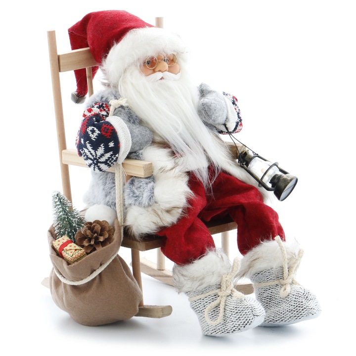 Figurina Mos Craciun Kring, asezat pe balansoar, cu felinar si sac de cadouri, 40 cm, Rosu/Gri