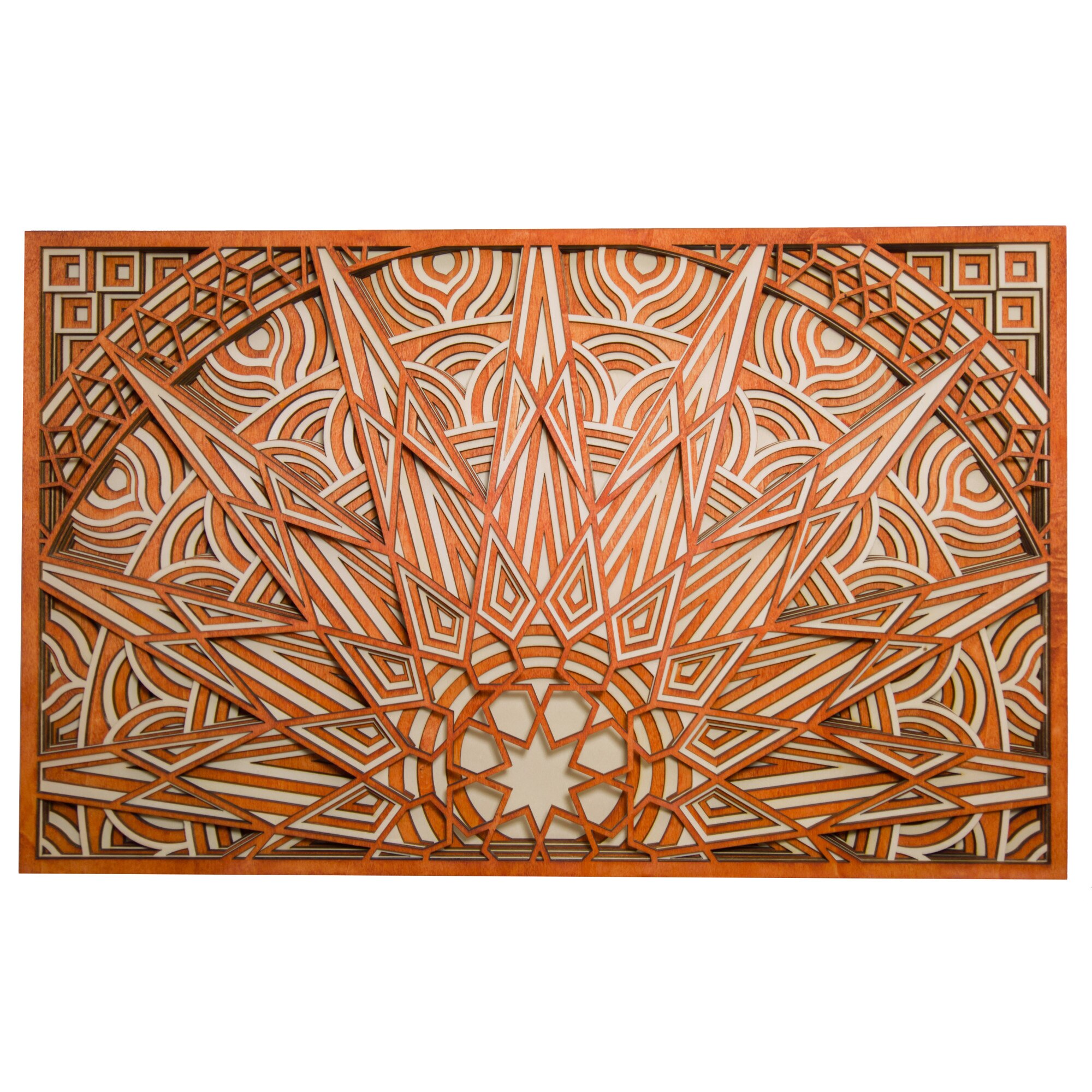 Tablou in straturi mandala soare 60x37cm portocaliu cu alb