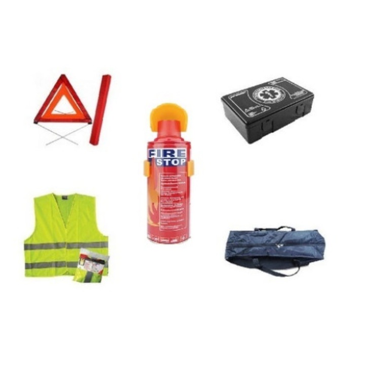 Автомобилен комплект EVO, Пожарогасител, Медицински комплект, Триъгълник, Светлоотразителна жилетка + чанта