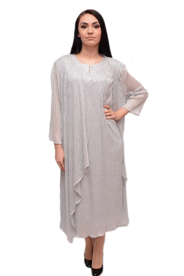Rochie lunga cu cardigan asimetric, din material lucios, D&J Exclusive, Argintiu
