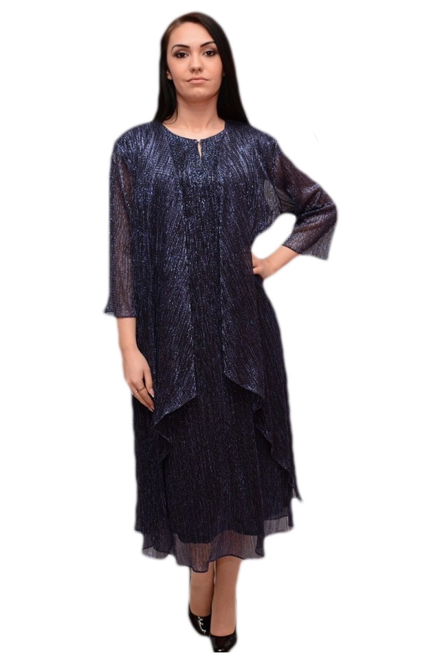 Rochie lunga cu cardigan asimetric, din material lucios, D&J Exclusive, Bleumarin