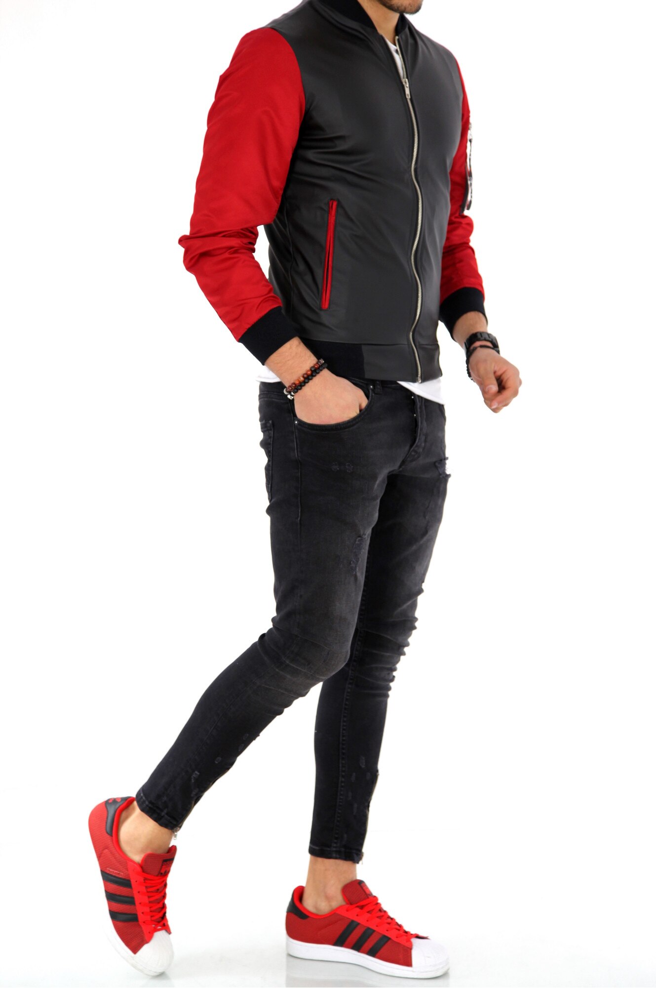 Geaca pentru barbati, slim fit, piele ecologica, maneci rosii, M - eMAG.ro