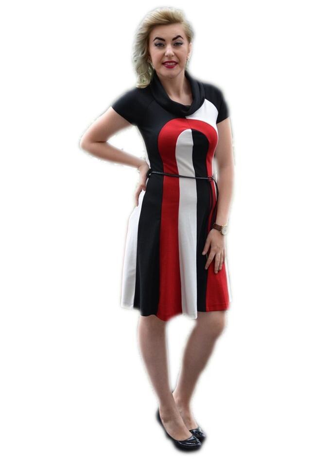 Rochie rafinata in clos, din fasii verticale , D&J Exclusive, Negru/Rosu