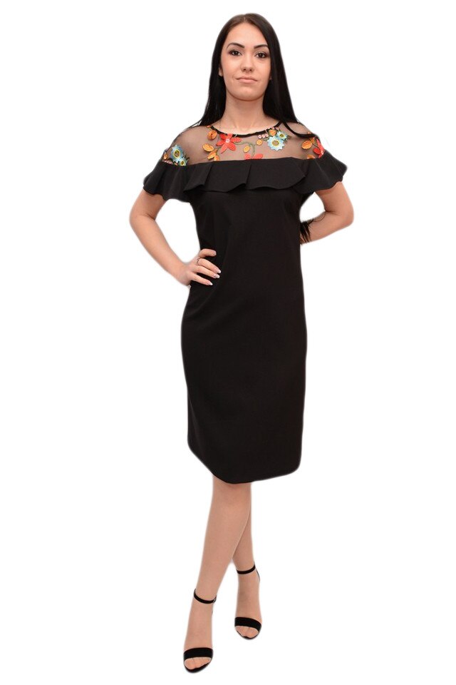 Rochie casual-eleganta cu maneca scurta si broderie colorata, D&J Exclusive, Negru