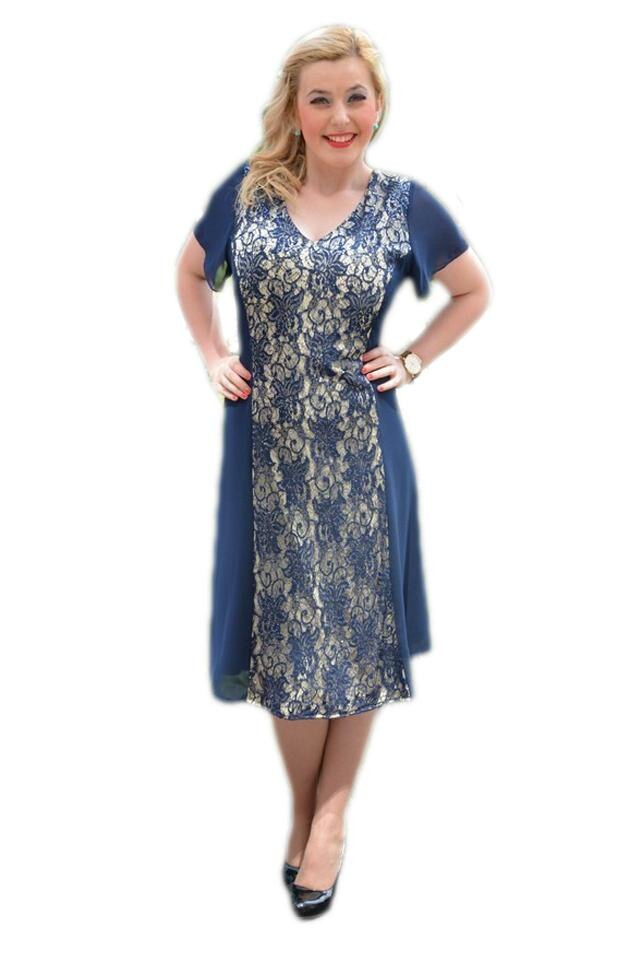 Rochie de ocazie, cu insertie de dantela, D&J Exclusive, Albastru marin