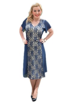 Rochie de ocazie, cu insertie de dantela, D&J Exclusive, Albastru marin Rochie de ocazie, cu insertie de dantela, D&J Exclusive, Albastru marin