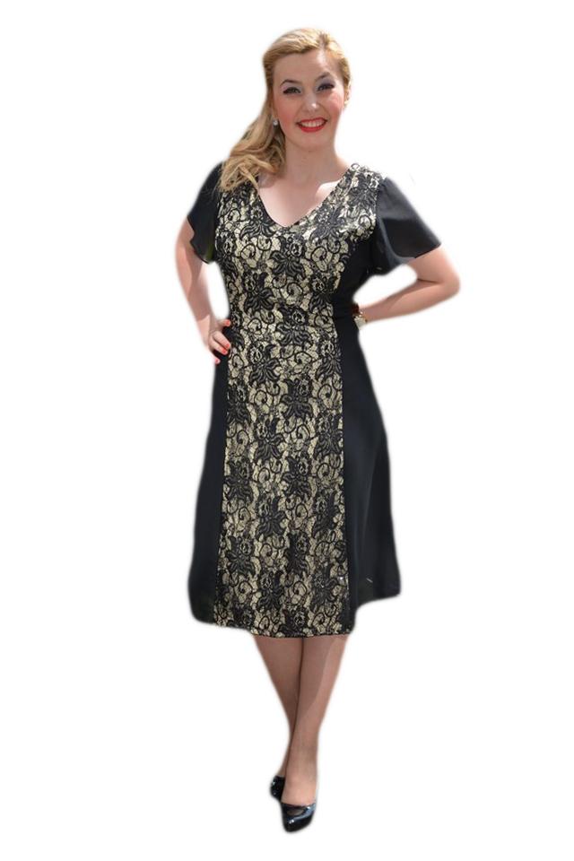 Rochie de ocazie, cu insertie de dantela, D&J Exclusive, Negru/Bej