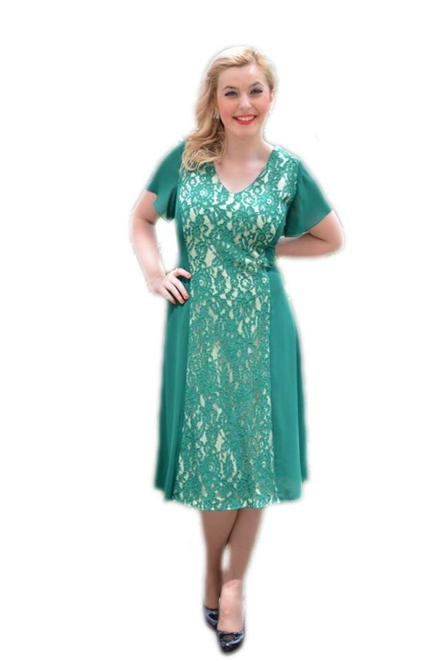 Rochie de ocazie, cu insertie de dantela, D&J Exclusive, Verde