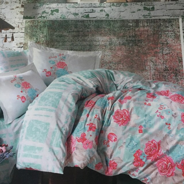 Lenjerie de pat bumbac Hobby FLORENTINA MINT, pentru 2 persoane, lenjerie pat dublu, 4 piese, 200x220 / 50x70, 100% bumbac