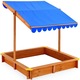 Lada de nisip Timeless Tools, Cu acoperis parasolar inclinabil, Bancute din scanduri pe laterale, Pin, 117.5 x 117.5 x 117 cm, Maro