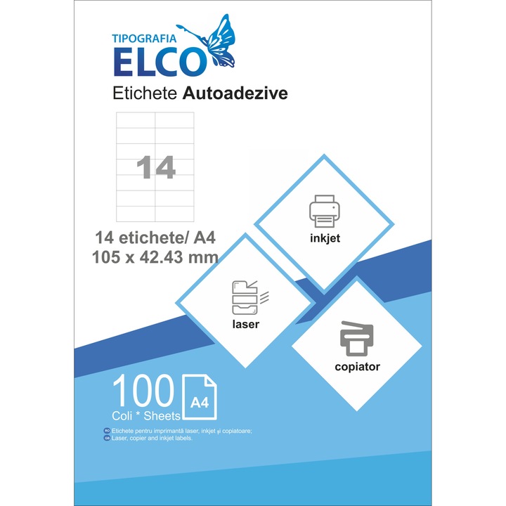 Etichete autoadezive Elco, 14 etichete in coala A4 , dimensiune 105x42.43 mm, 100 coli pe top