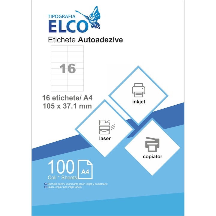 Etichete autoadezive Elco, 16 etichete in coala A4 , dimensiune 105x37.1mm, 100 coli pe top
