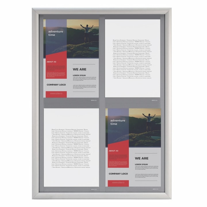 Avizier pentru interior cu rama click, 500x700mm, prevazut cu 4 inserturi format A4 - PORTRAIT, JJ DISPLAYS