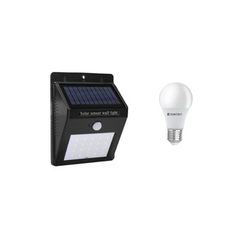 Reflector LED cu panou solar, cu senzor de miscare, 20 leduri, lumina rece + Bec 10W, E27, Comtec Reflector LED cu panou solar, cu senzor de miscare, 20 leduri, lumina rece + Bec 10W, E27, Comtec