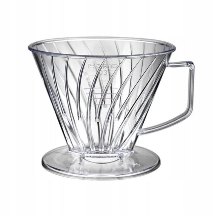 Dripper pentru cafea Hario Pegasus 03, din plastic transparent, fund plat cu 2 orificii, pentru filtre trapez 03, diametru 13,4 cm